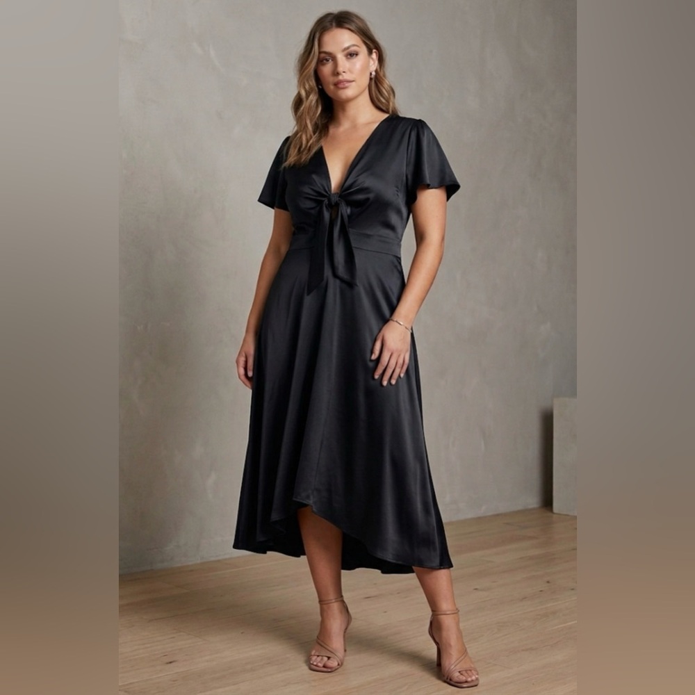 Baltic Born Poppy Satin Midi Dress Black Tie Front Flutter Sleeve XXL NEW